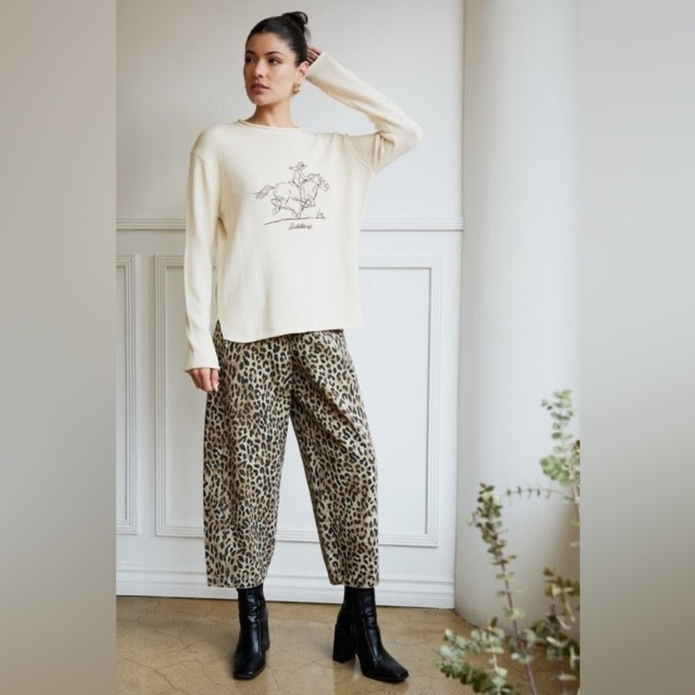 High Waist Leopard Print Barrel Jeans with Elastic Waist - Sunday Edition